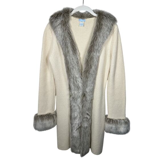 Urchin Sweaters Cream Lambs Wool Fur Trim Ribbed Cardigan Sweater Women's Large - Picture 1 of 6